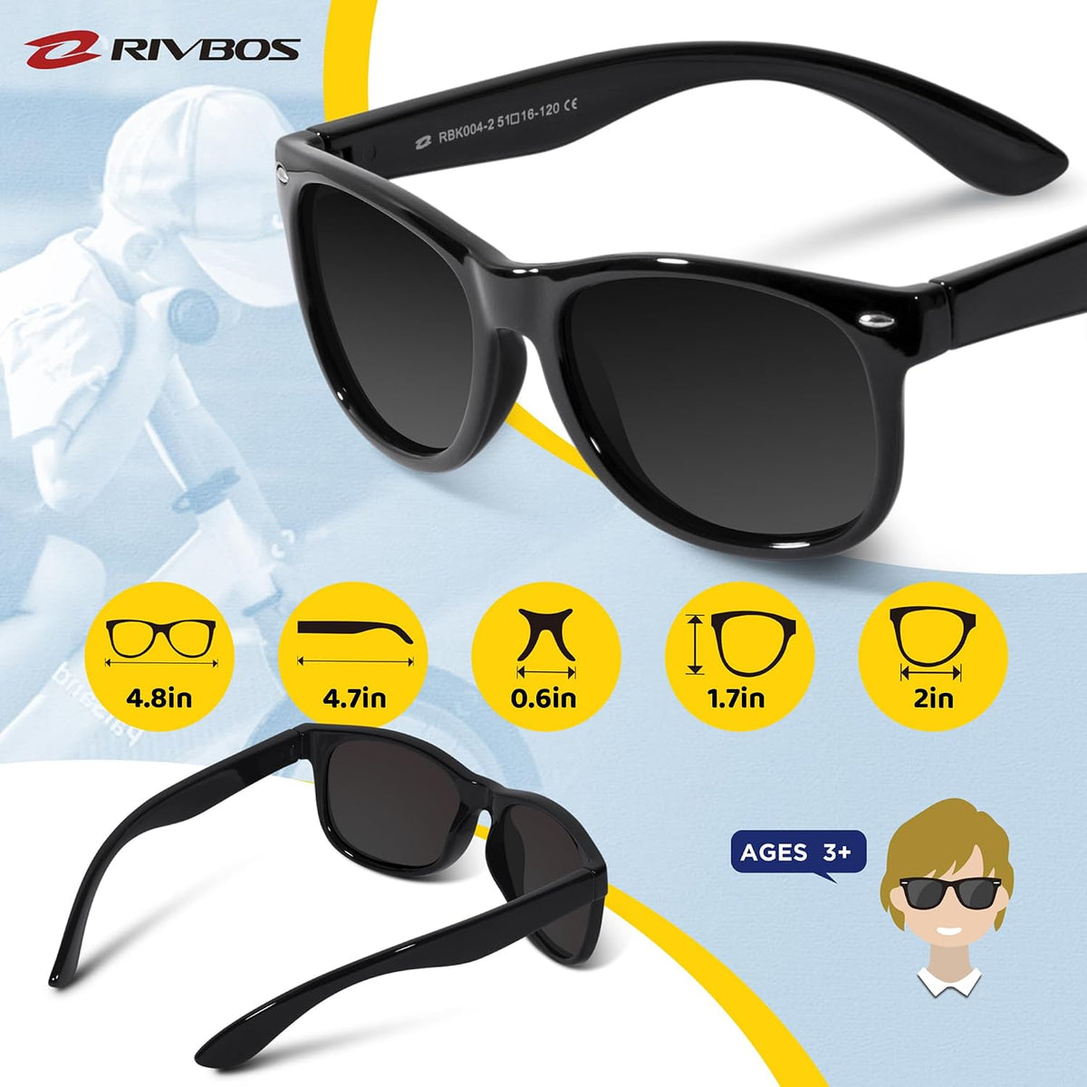 RIVBOS Kids Sunglasses Polarized UV400 TPE with Strap for Boys Girls RBK004