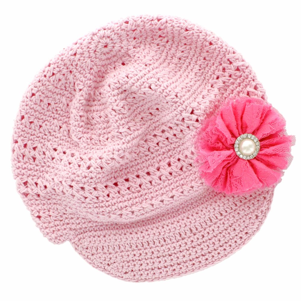 My Lello Little Girl's Newsboy Crochet Beanie Hat with Vintage Lace/Tulle Flower