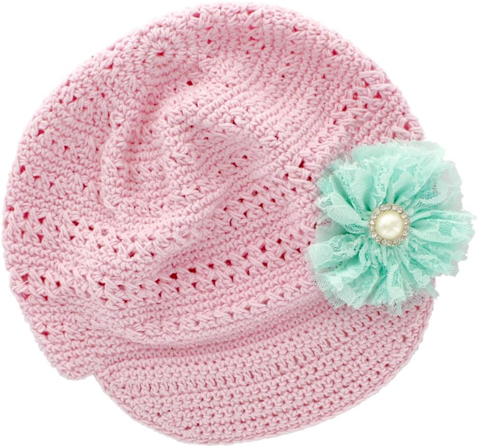 My Lello Little Girl's Newsboy Crochet Beanie Hat with Vintage Lace/Tulle Flower
