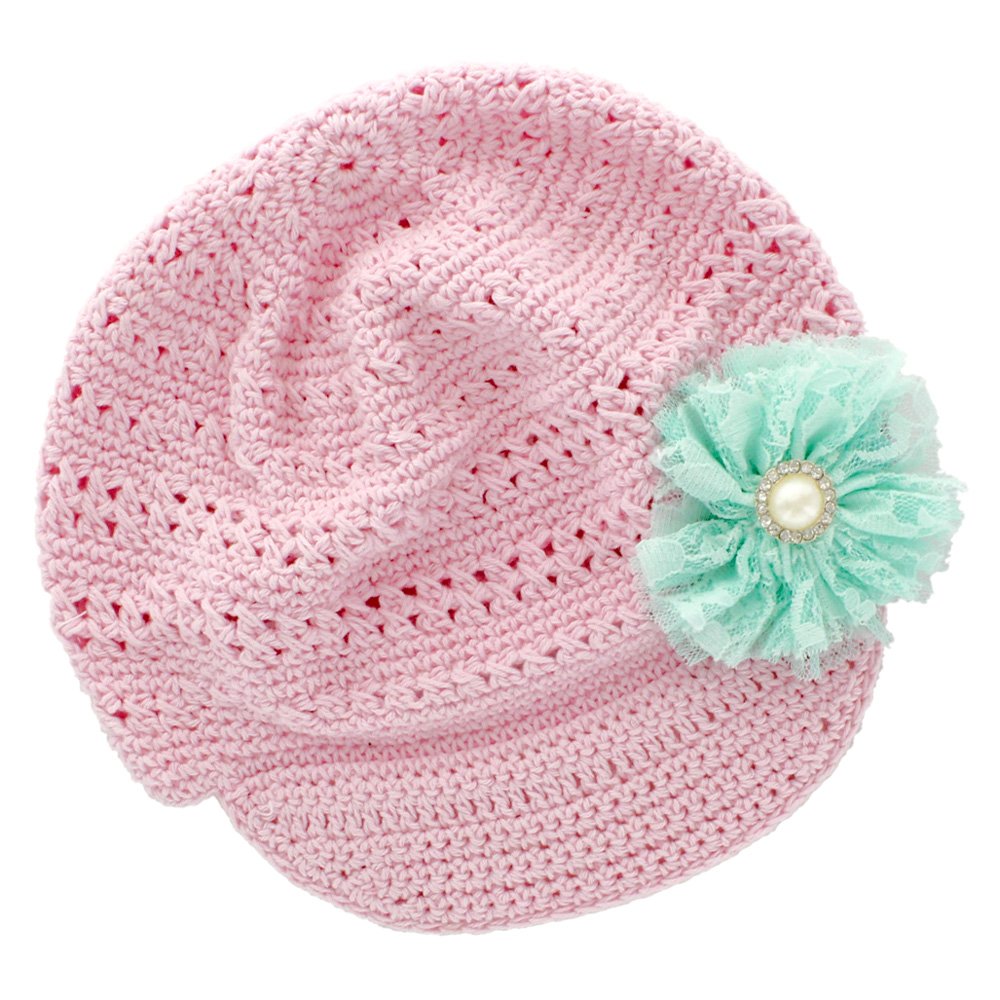 My Lello Little Girl's Newsboy Crochet Beanie Hat with Vintage Lace/Tulle Flower