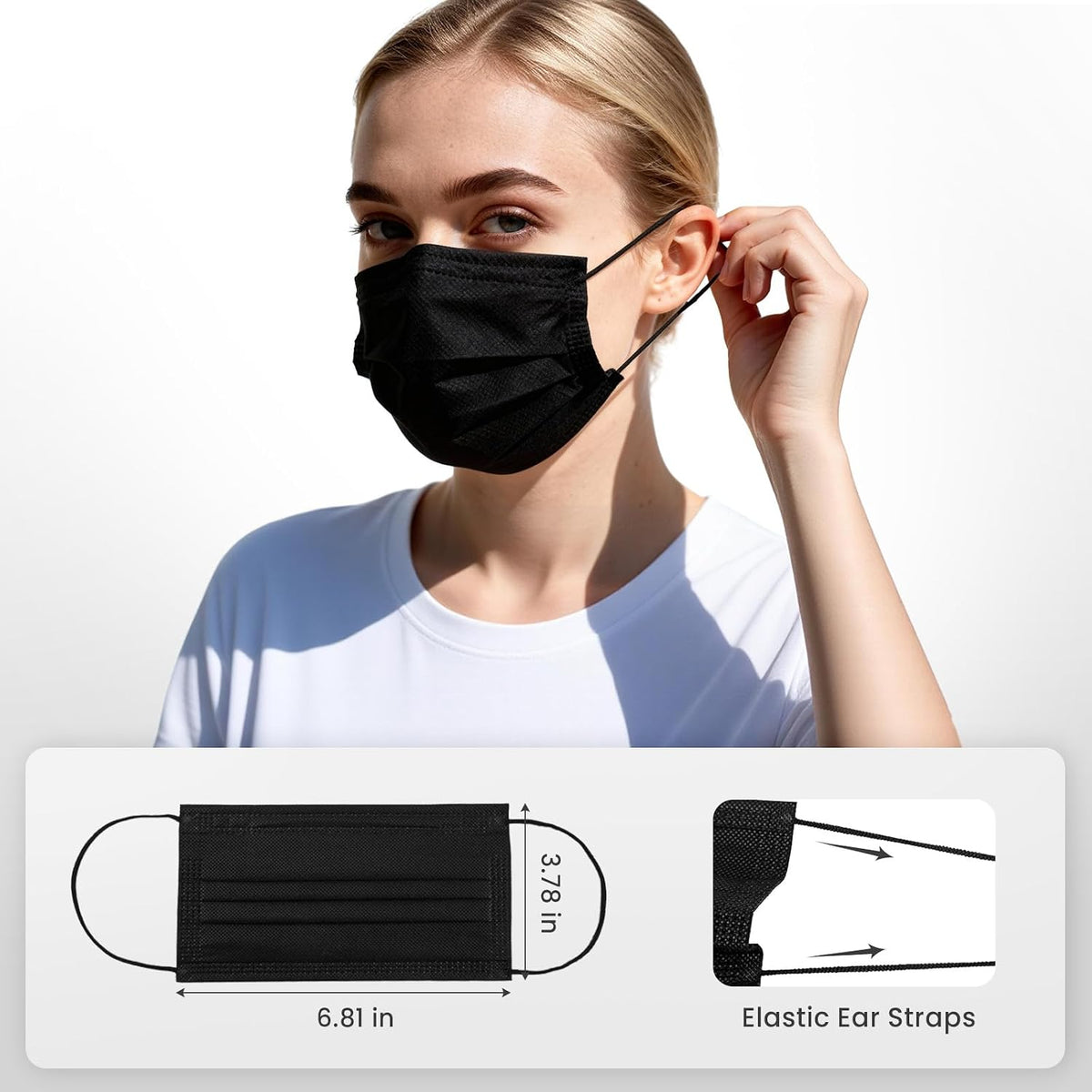 Disposable Face Masks 100 Pack, 3-Ply Breathable Masks with Soft Comfortable Earloops, Adjustable Nose Clip for Office, Travel, School & Public Use, Black