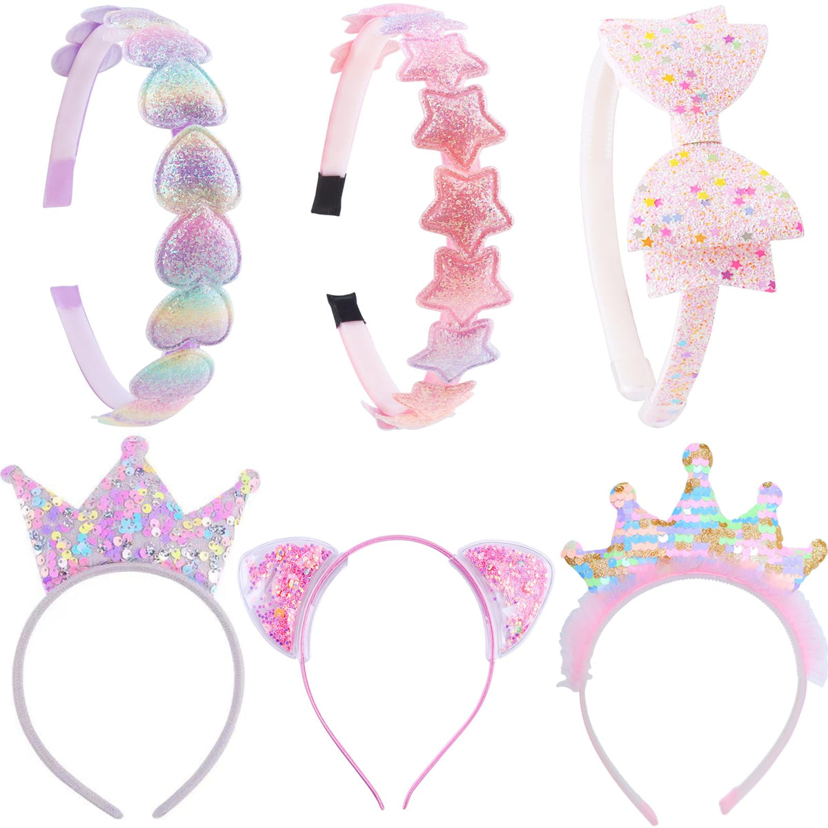 Headbands for Girls 6 Pack Toddler Headbands Glitter Kids Hairband Cat Bow Heart Star Crown Hair Accessories for Toddler Girls Teens (Cat Ear)