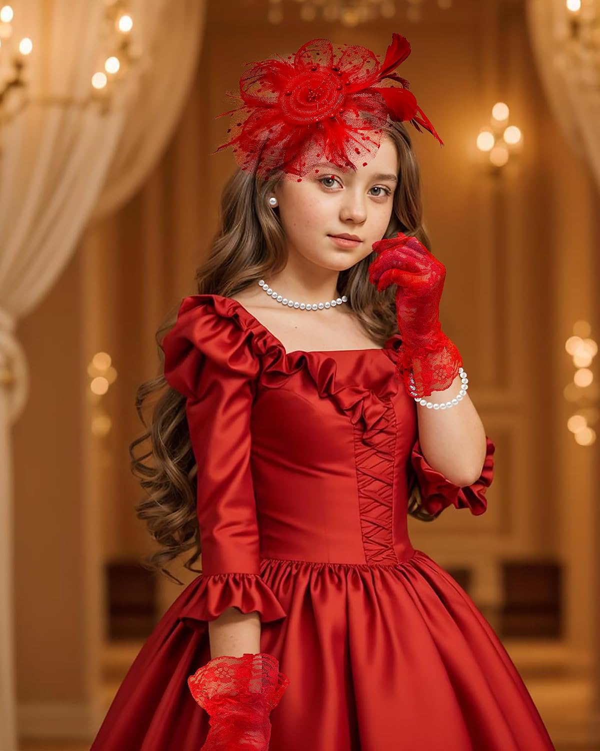 Girls Tea Party Fascinators Hats with Lace Gloves Pearl Necklace Earring Jewelry for Tea Party Wedding Accessories