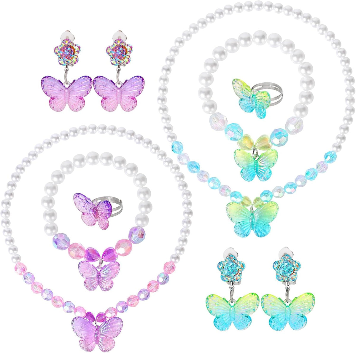 2 Sets Princess Jewelry for Little Girls, Butterfly Kids Jewelry Set, Stretch Necklace Bracelets, Rings and Clip on Earrings Perfect for Dress Up, Birthday Parties