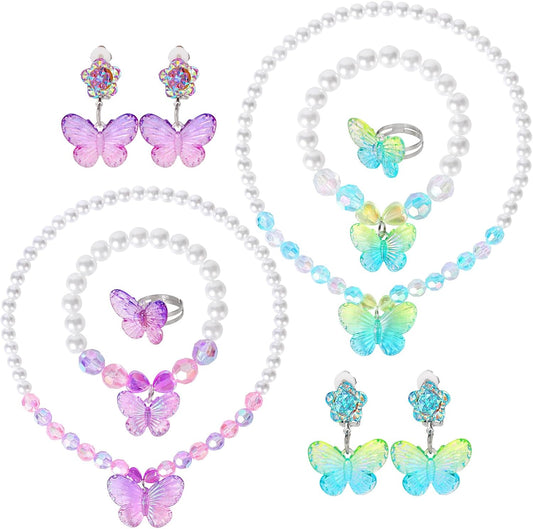 2 Sets Princess Jewelry for Little Girls, Butterfly Kids Jewelry Set, Stretch Necklace Bracelets, Rings and Clip on Earrings Perfect for Dress Up, Birthday Parties