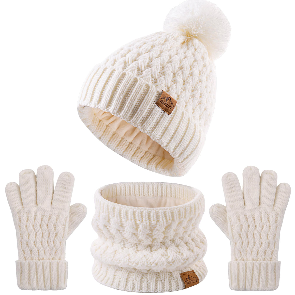 Kids Pompom Winter Beanie Hat Scart Gloves Set,Boys Girls Knitted Fleece Lined Woollen Hat for Children's 3-9 Years