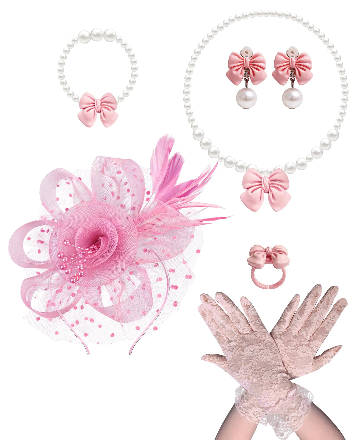 Girls Tea Party Fascinators Hats Set Tea Party Headband Lace Glove Pearl Necklace Set for Tea Party Wedding Accessories