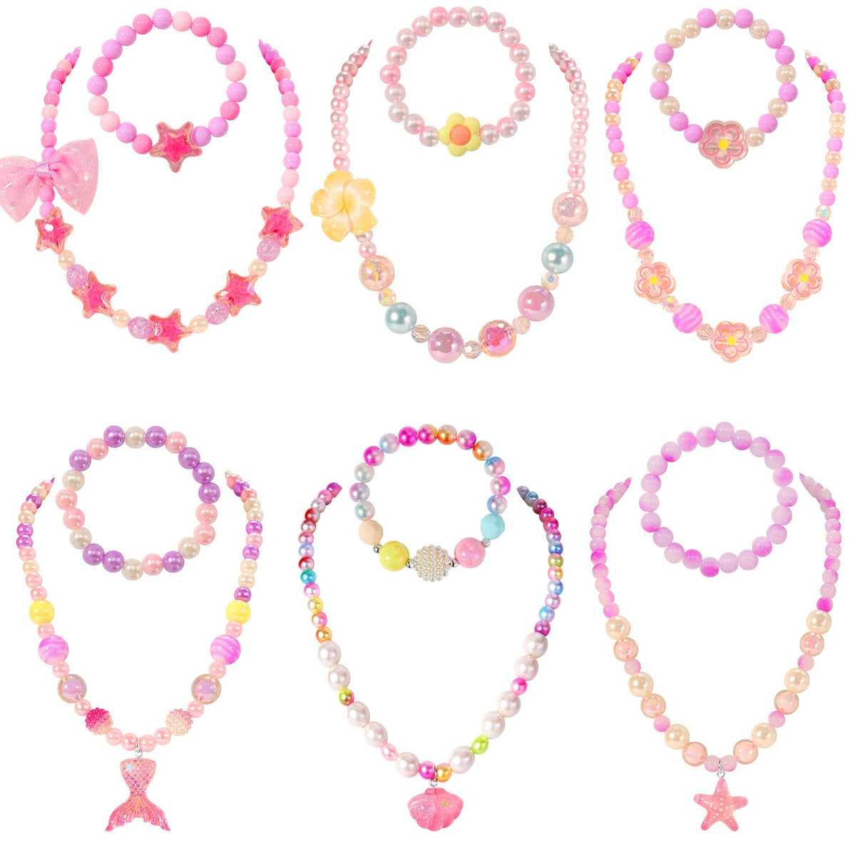 PinkSheep Kids Classic Jewelry, 6 Sets of Beaded Necklaces and Bracelets for Girls, Favors Bags for Girls Jewelry (Classic)
