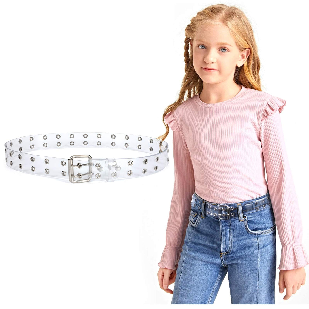 JASGOOD Kids Double Grommet Belt for Girls and Boys, PU Leather Kids Double Studded Holes Belt for Jeans Pants