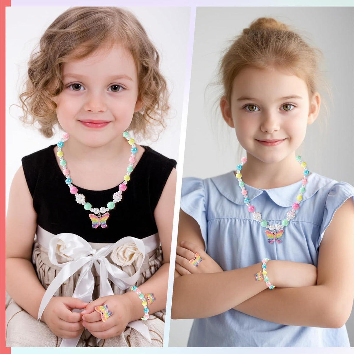 Girls Crystal Butterfly Jewelry Set - Toddler Butterfly Necklace Girls Pretend Plasy Toy Jewelry Set with Bead Necklace, Bracelet and Ring - Play Accessories - Ages 3+ Girl Birthday Gifts-Style 1