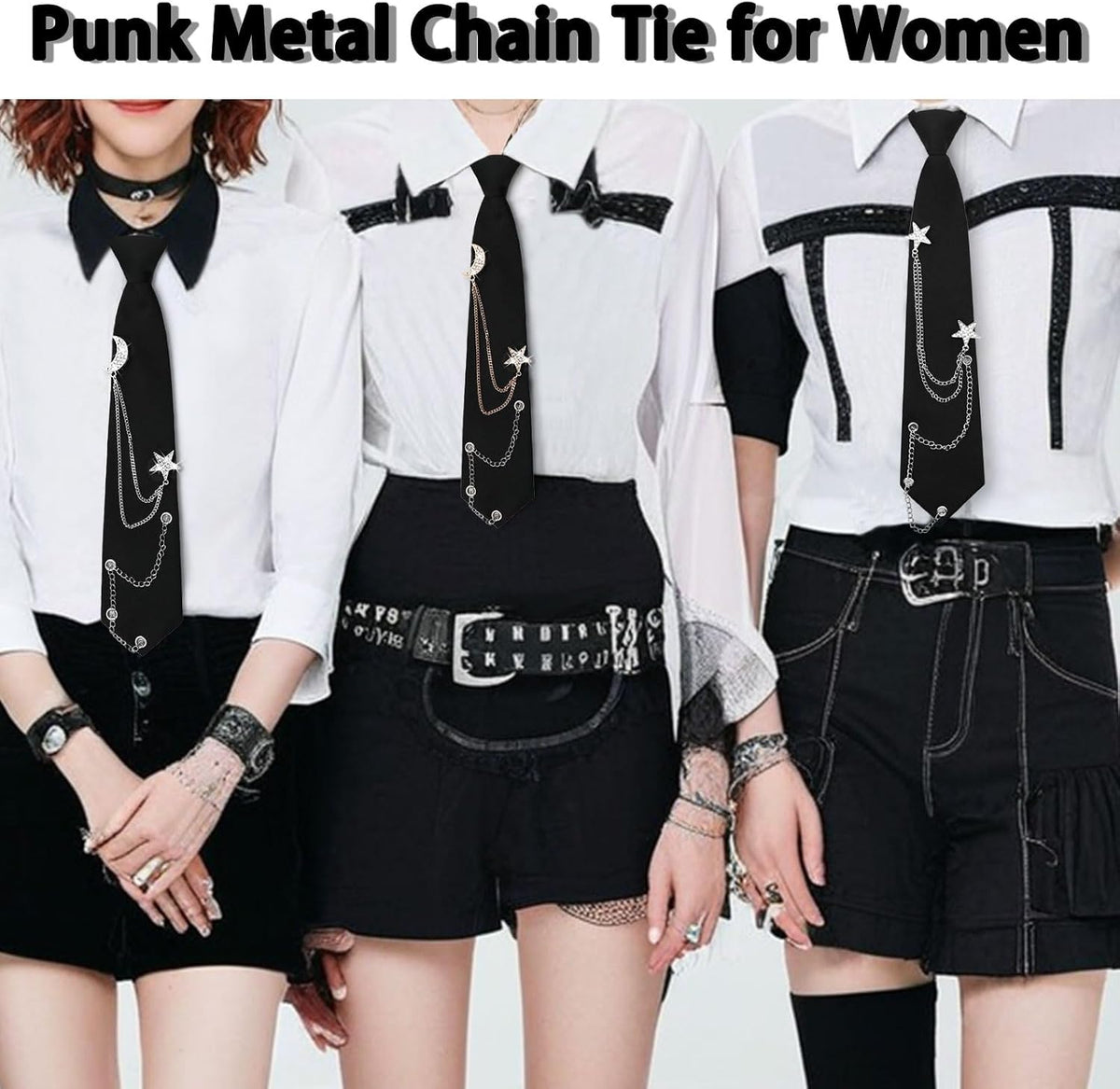 LJBFNN Black Ties for Women, Womens Tie with Metal Chain 2.76'' Pre-Tied Necktie for Girls School Uniform Shirt Accessory