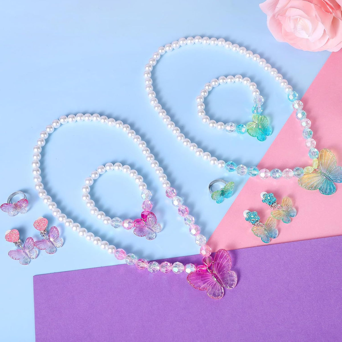 2 Sets Princess Jewelry for Little Girls, Butterfly Kids Jewelry Set, Stretch Necklace Bracelets, Rings and Clip on Earrings Perfect for Dress Up, Birthday Parties