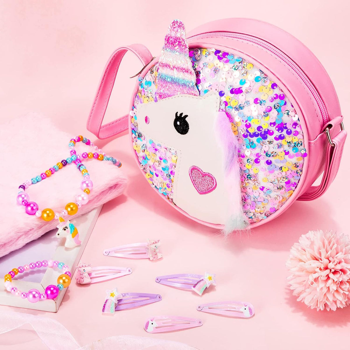 Hifot Unicorn Crossbody Bag with Jewellery Set, Little Girl Glitter Handbag Necklace Bracelet Hair Clips Accessories Set Princess Jewelry Party Favors Gift Dress Up
