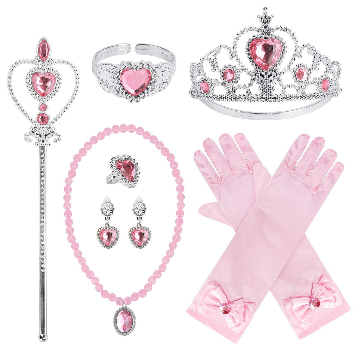Cocojeci Princess Dress Up Party Accessories for Princess Costume Gloves Tiara Wand Necklace Earrings Bracelet and Ring Gift Set 9pcs (Pink, Set of 7, 9pcs)