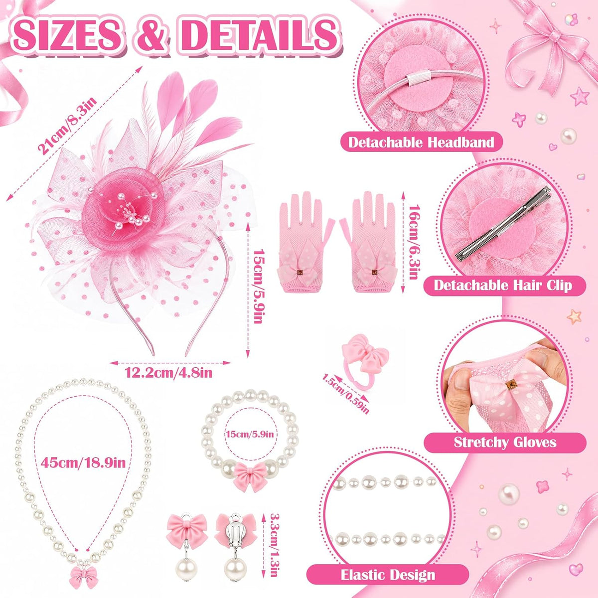 Girls Tea Party Fascinator Hat Beaded Purse Gloves Kids Jewelry Set