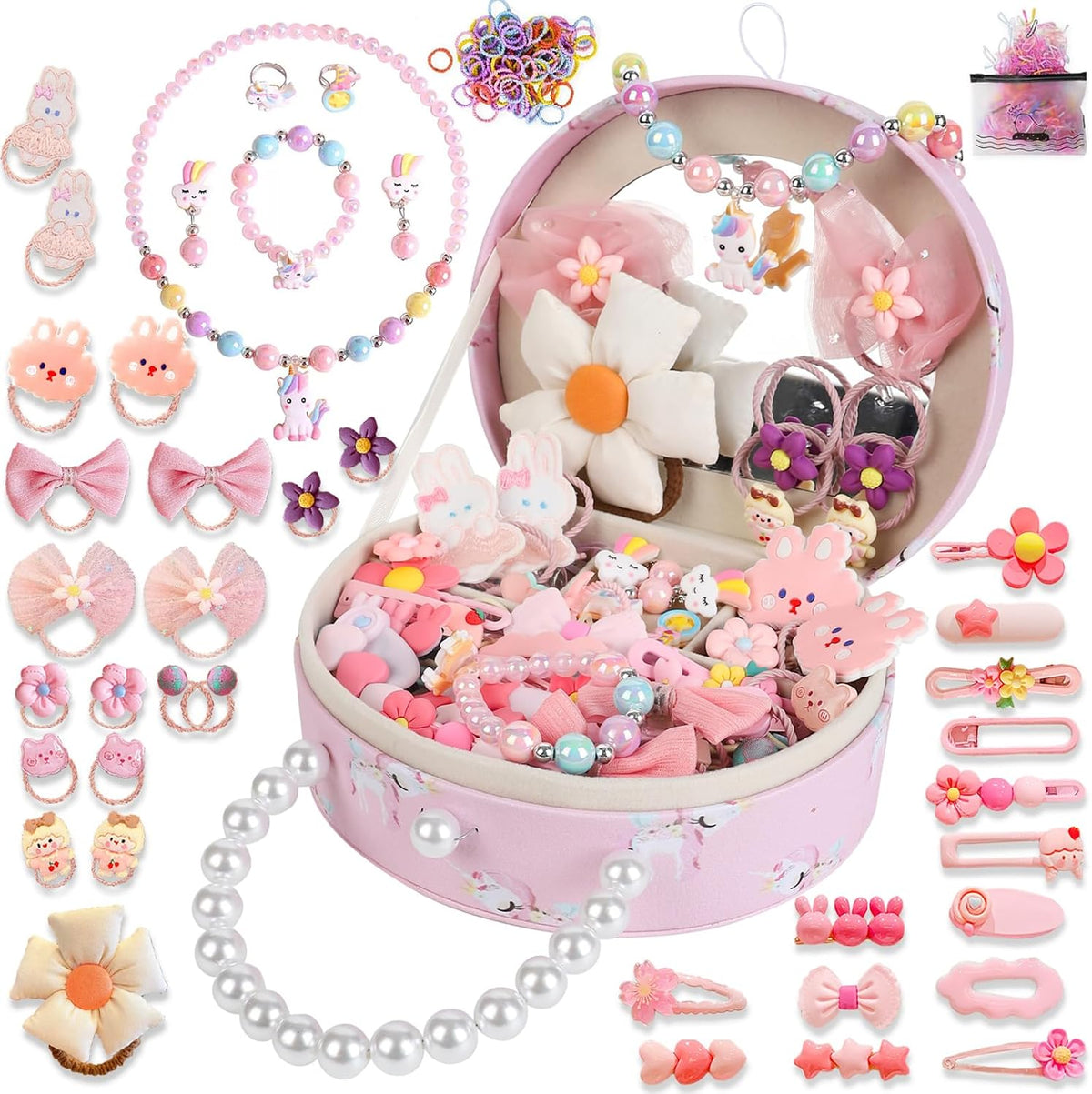 Princess Jewelry Box for Girls with Hair Accessories,Girls Hair Clips Bows Set, Fashion Hair Styling Kit with Mirror,Pink Sparkle Trinket Box Includes Hair Clips (Flower)