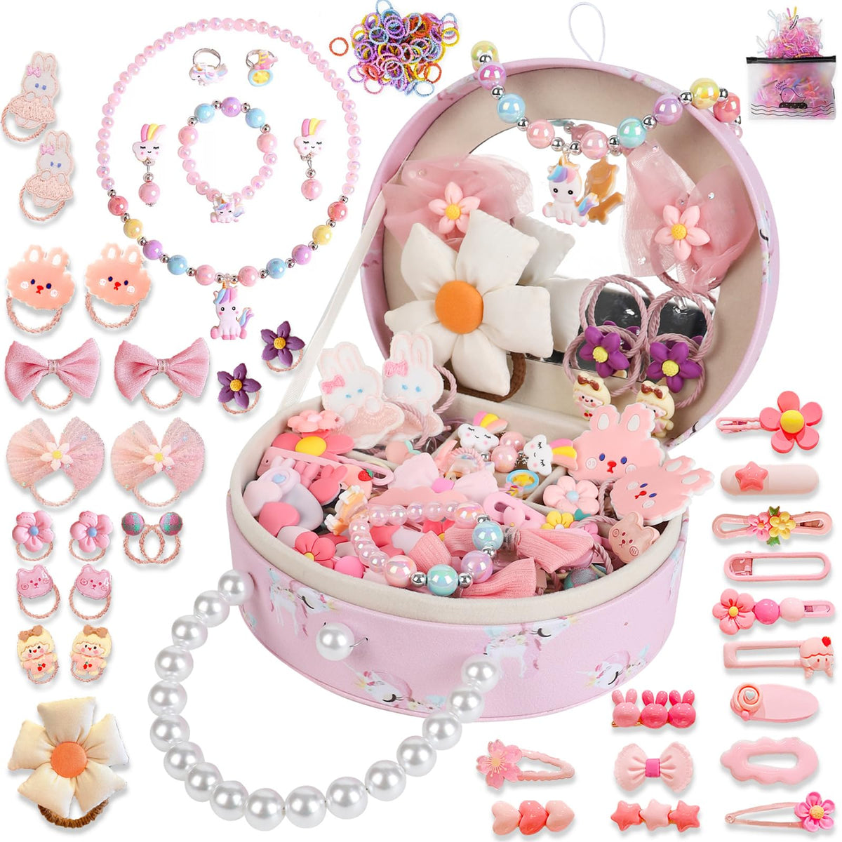 Princess Jewelry Box for Girls with Hair Accessories,Girls Hair Clips Bows Set, Fashion Hair Styling Kit with Mirror,Pink Sparkle Trinket Box Includes Hair Clips (Flower)
