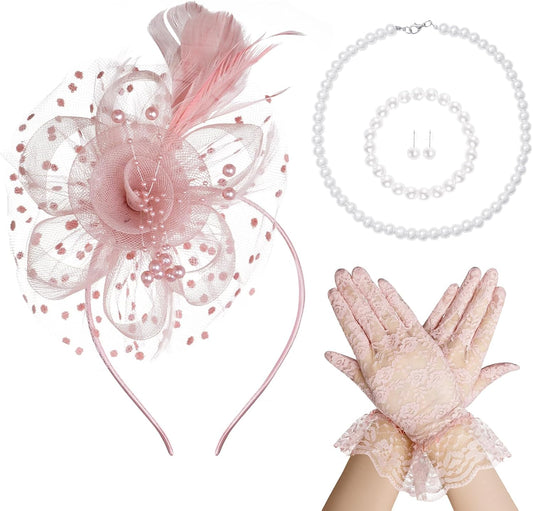 Yolyoo Tea Gathering Set Fascinators Hat with Pearl Necklace Earring Jewelry Lace Gloves for Wedding Tea Accessories