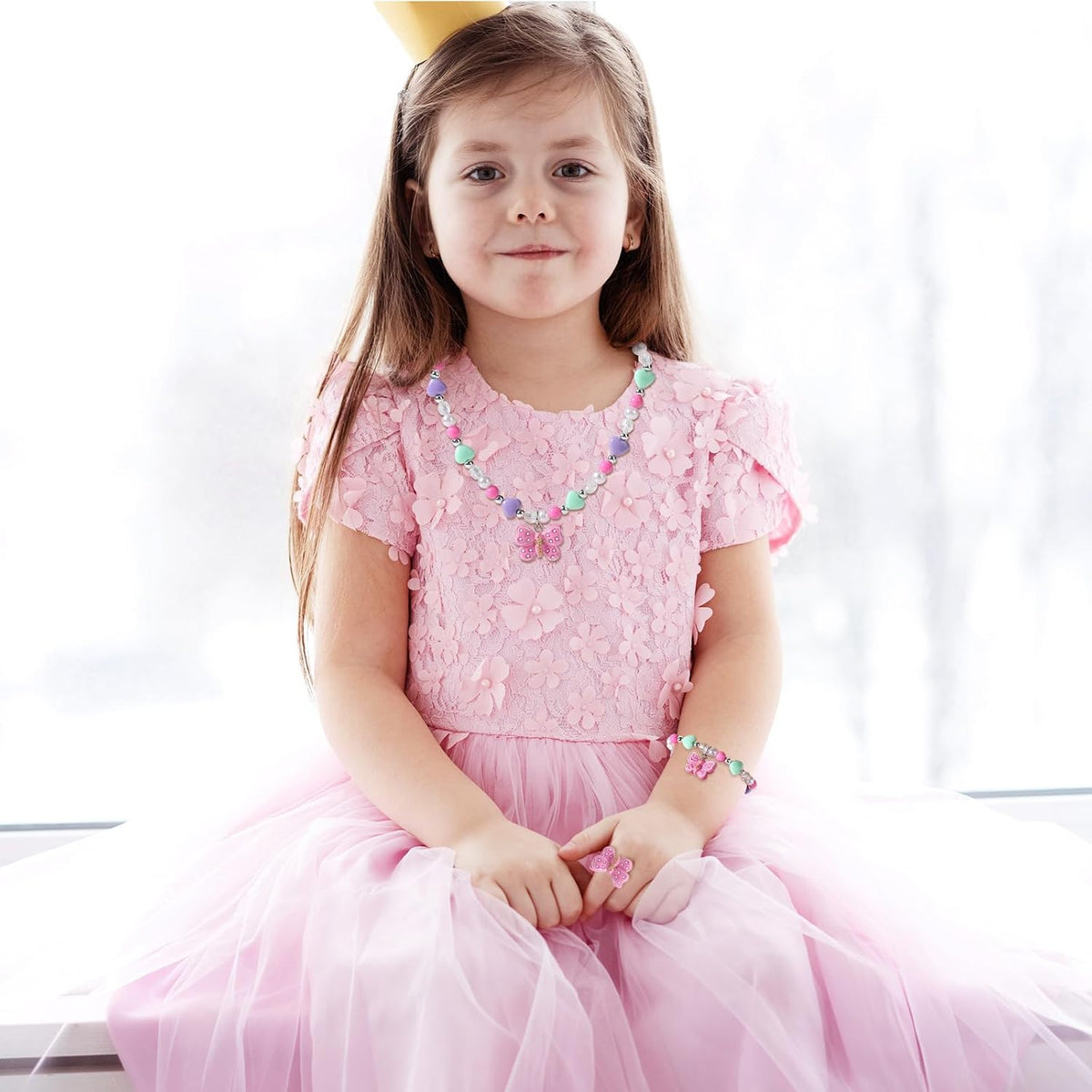 Girls Colorful Butterfly Jewelry Set - Toddler Butterfly Necklace Girls Pretend Plasy Toy Jewelry Box Set with Bead Necklace, Bracelet and Ring - Play Accessories - Ages 3+ Girl Birthday Gifts-Style 2