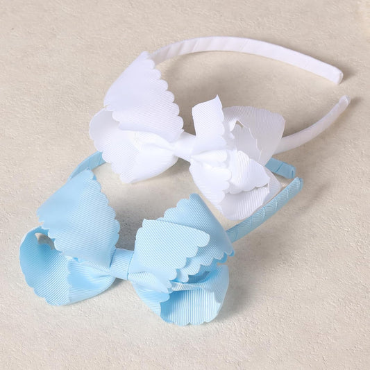 White, Light Blue Scalloped Bow Hairband for Girls, Cute Bowknot Headbands