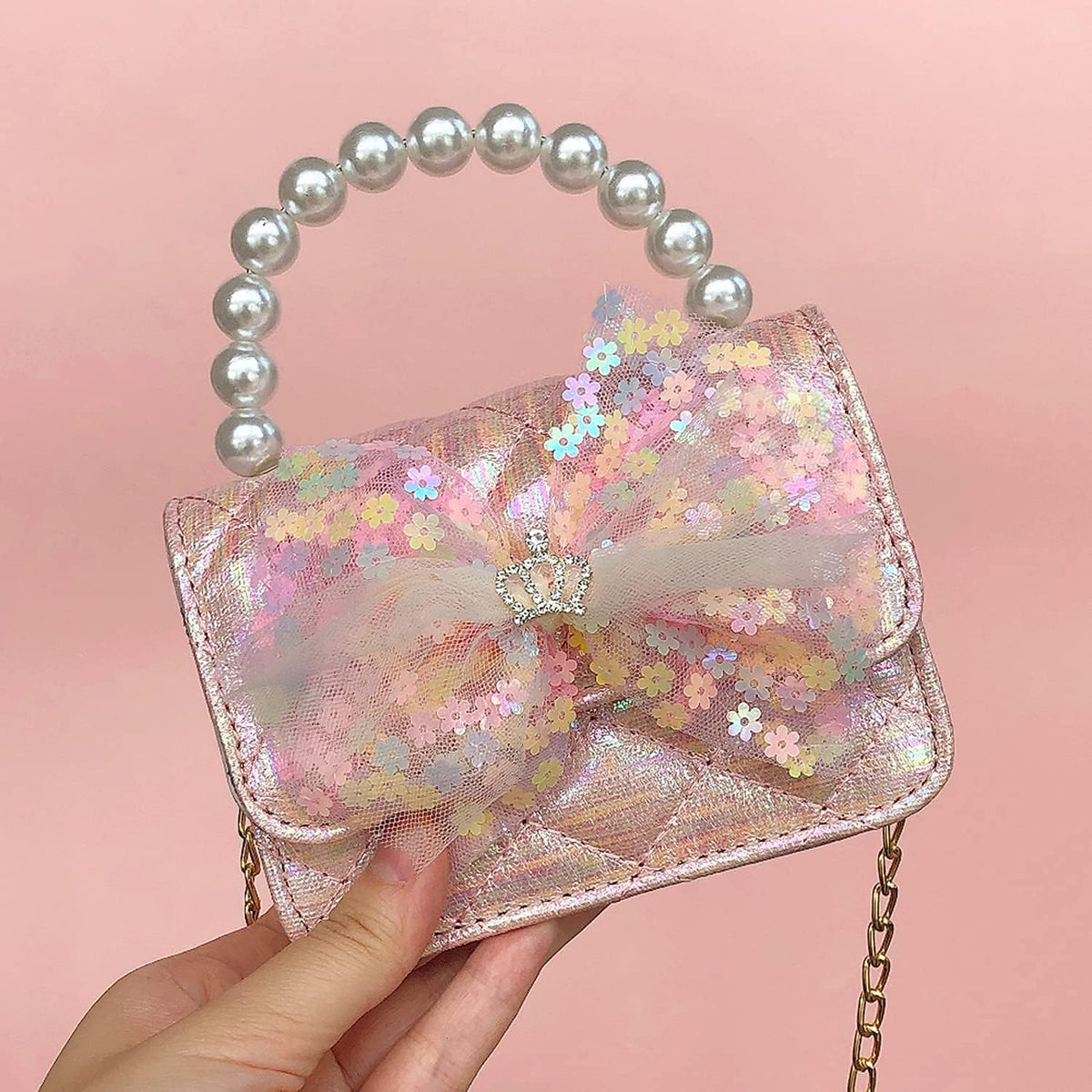 ELEMIRSA Girl Handbag Purse for Little Girls Kids Pretend Play Dress Up Necklace Hair Accessories Jewelry Set, Light Pink