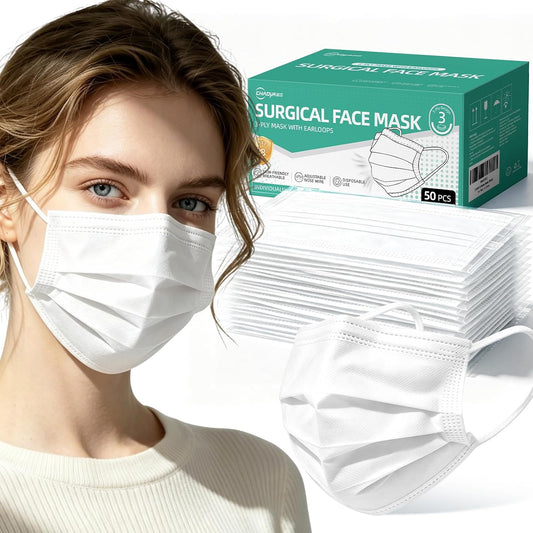 Disposable Face Masks 50Pcs, 3-Ply White Protection Masks, Breathable Mask For Adults Daily Use