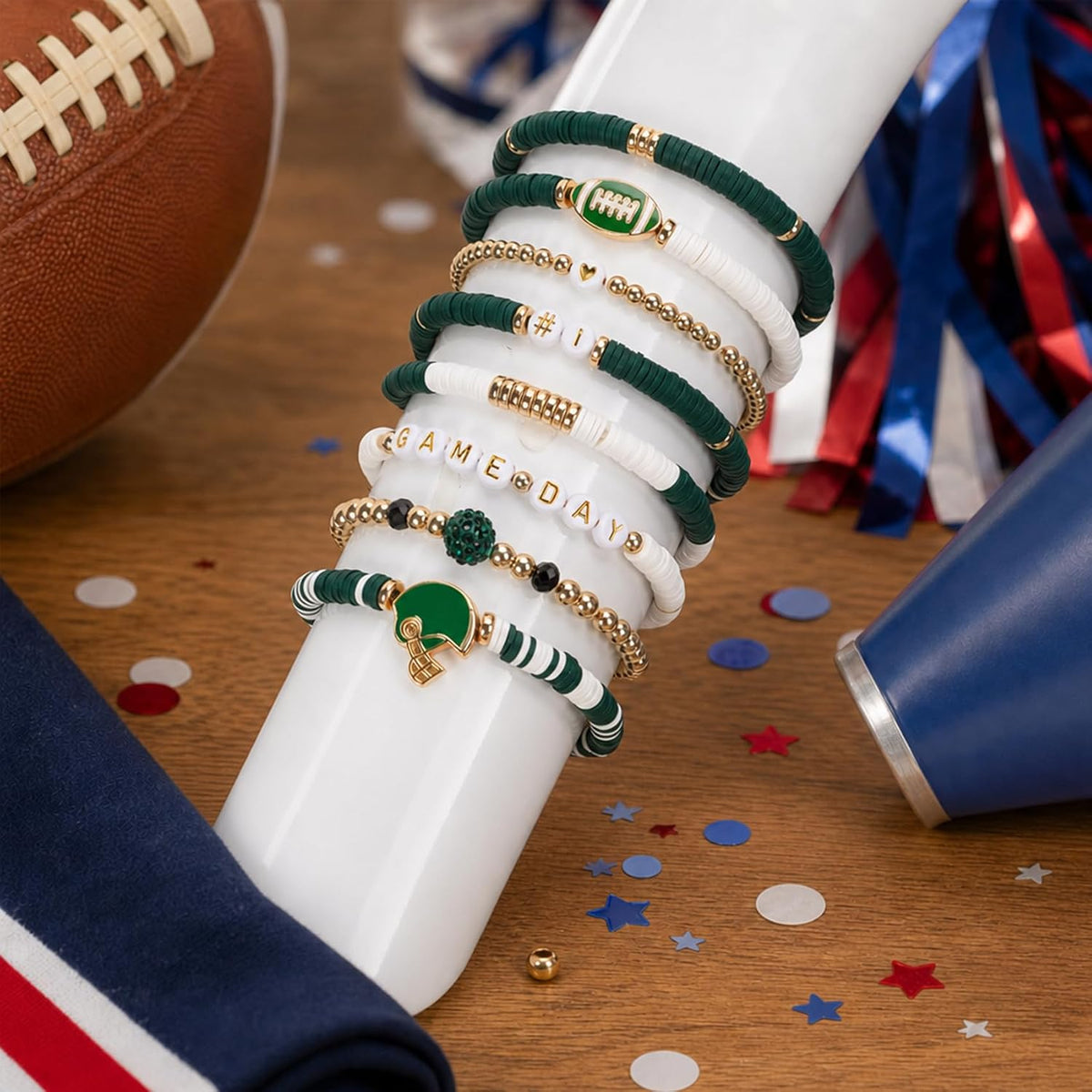 NZKNP 8 Pcs Game Day Bracelets for Women,Football Mom Accessories & Outfits Jewelry Gifts,Football Stackable Clay Beaded Stretch Bracelets,Sports Charm Bracelet Bangles