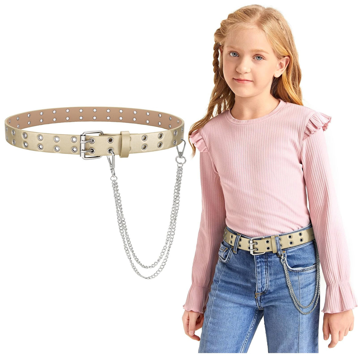 JASGOOD Kids Double Grommet Belt for Girls and Boys, PU Leather Kids Double Studded Holes Belt for Jeans Pants