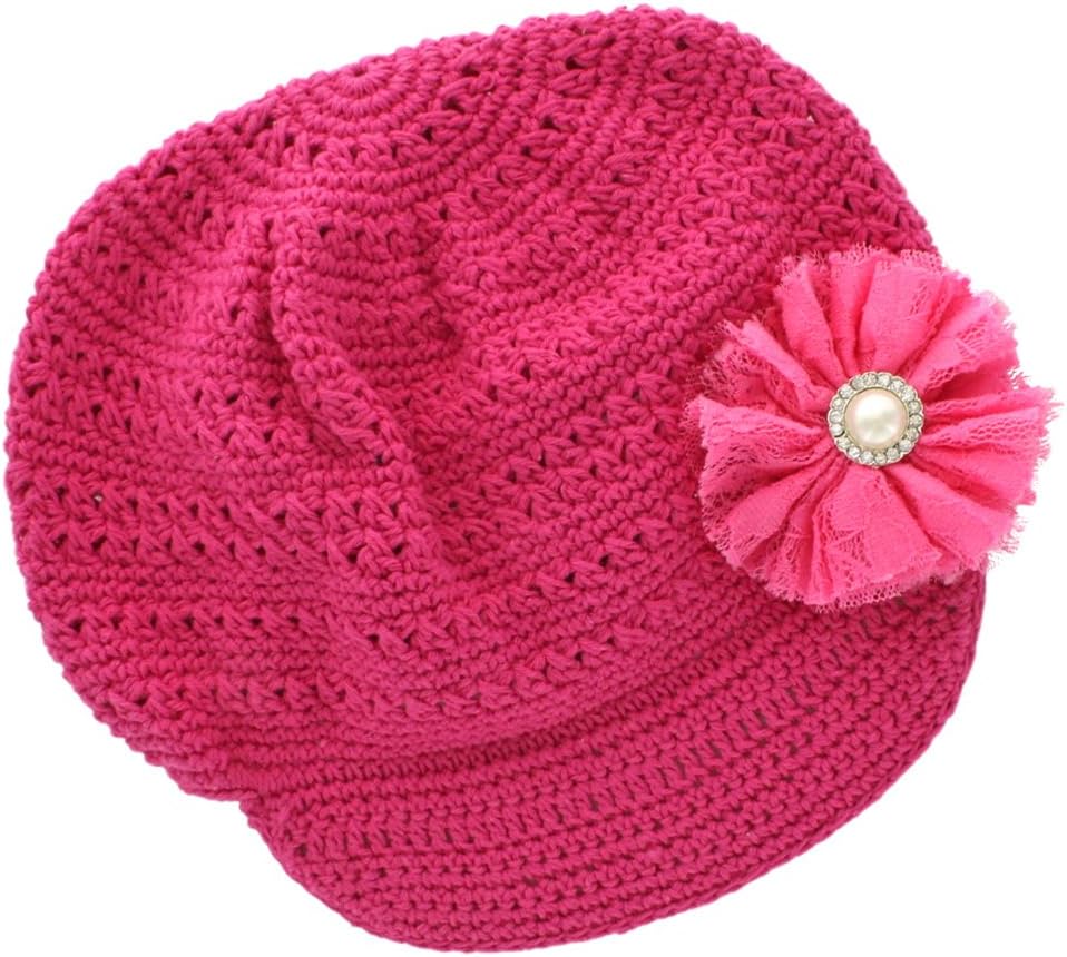 My Lello Little Girl's Newsboy Crochet Beanie Hat with Vintage Lace/Tulle Flower