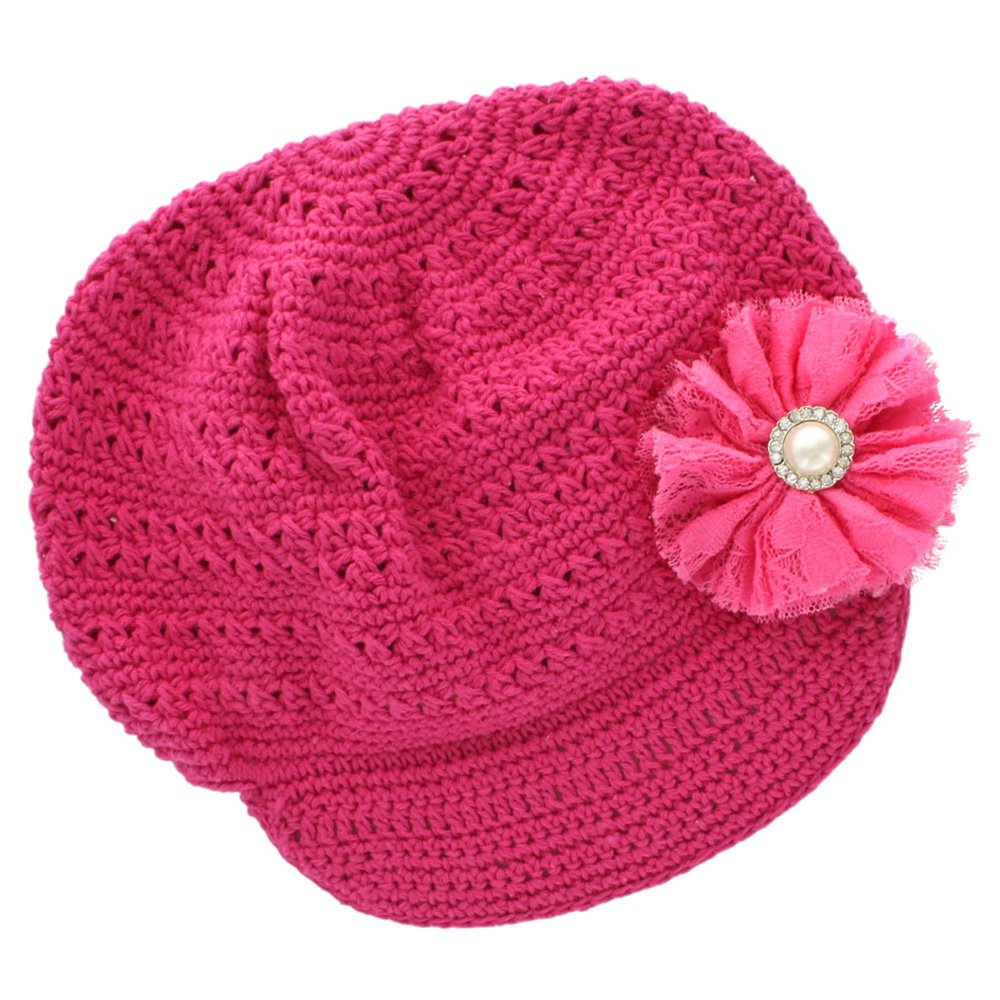 My Lello Little Girl's Newsboy Crochet Beanie Hat with Vintage Lace/Tulle Flower