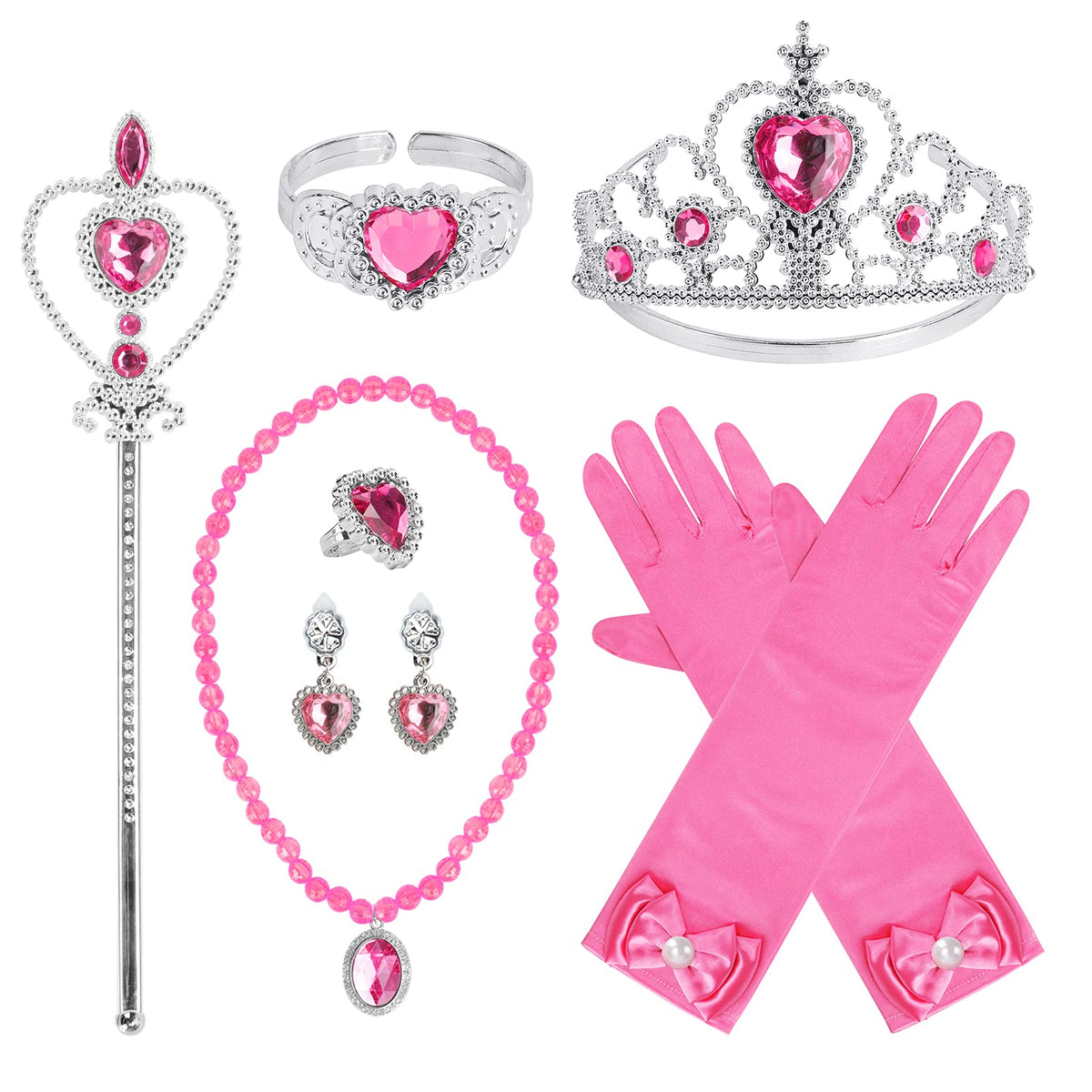 Cocojeci Princess Dress Up Party Accessories for Princess Costume Gloves Tiara Wand Necklace Earrings Bracelet and Ring Gift Set 9pcs (Pink, Set of 7, 9pcs)