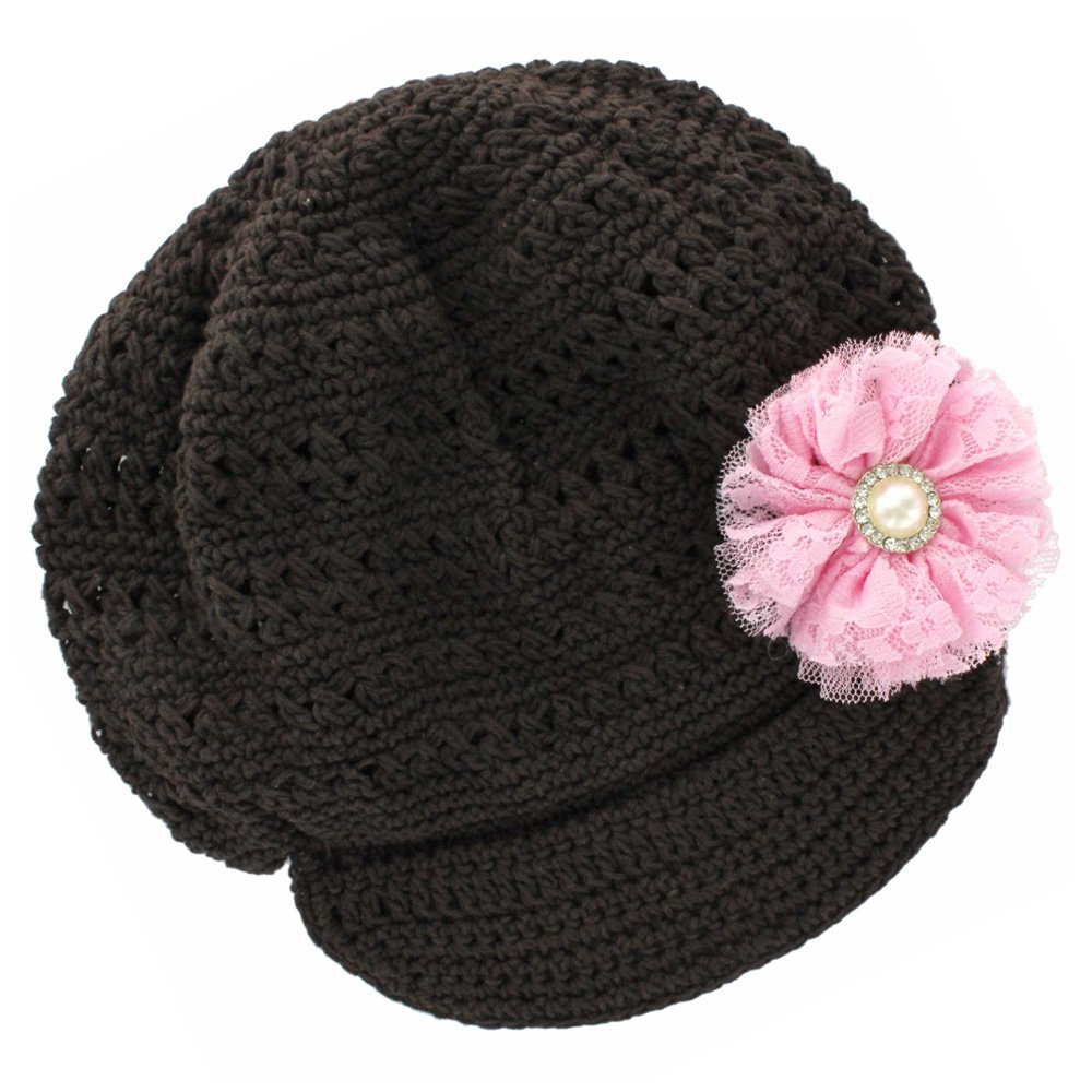 My Lello Little Girl's Newsboy Crochet Beanie Hat with Vintage Lace/Tulle Flower
