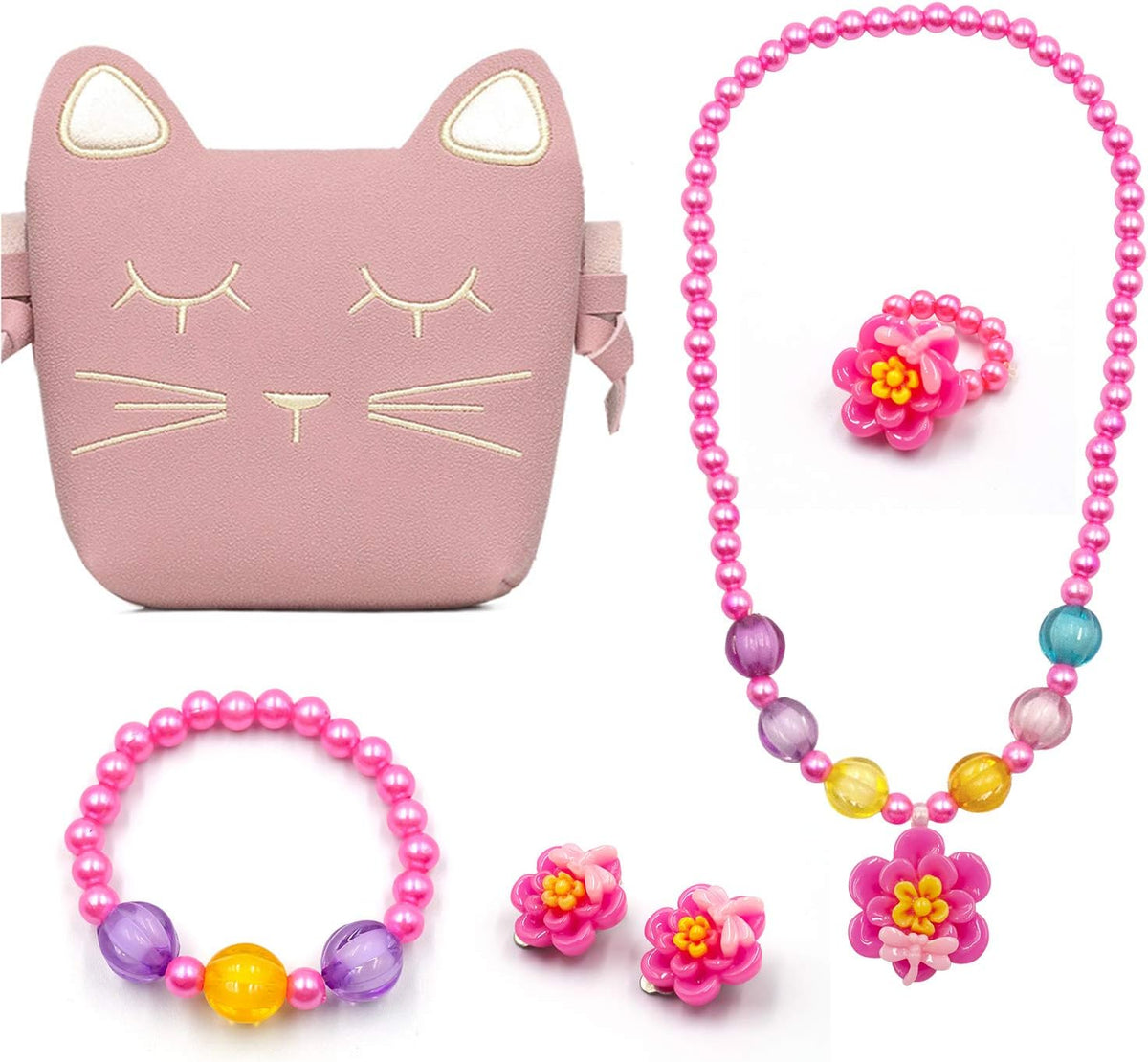 Toddler Play Jewelry for Little Girls,Children Kids Dress Up Pink Purse Bracelet Neclace Ring Earrings