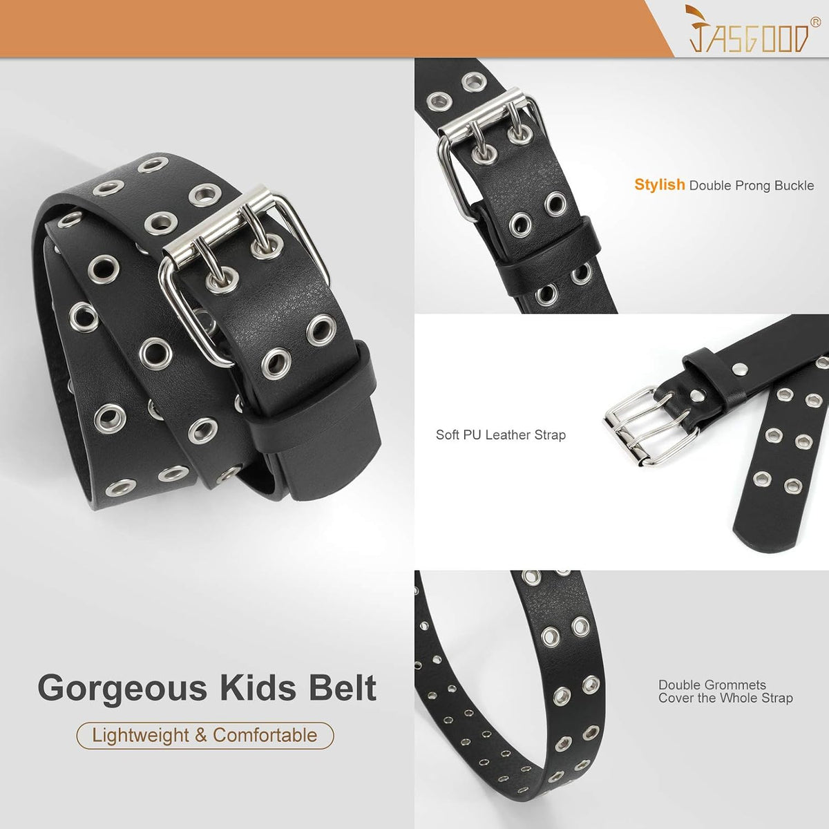JASGOOD Kids Double Grommet Belt for Girls and Boys, PU Leather Kids Double Studded Holes Belt for Jeans Pants