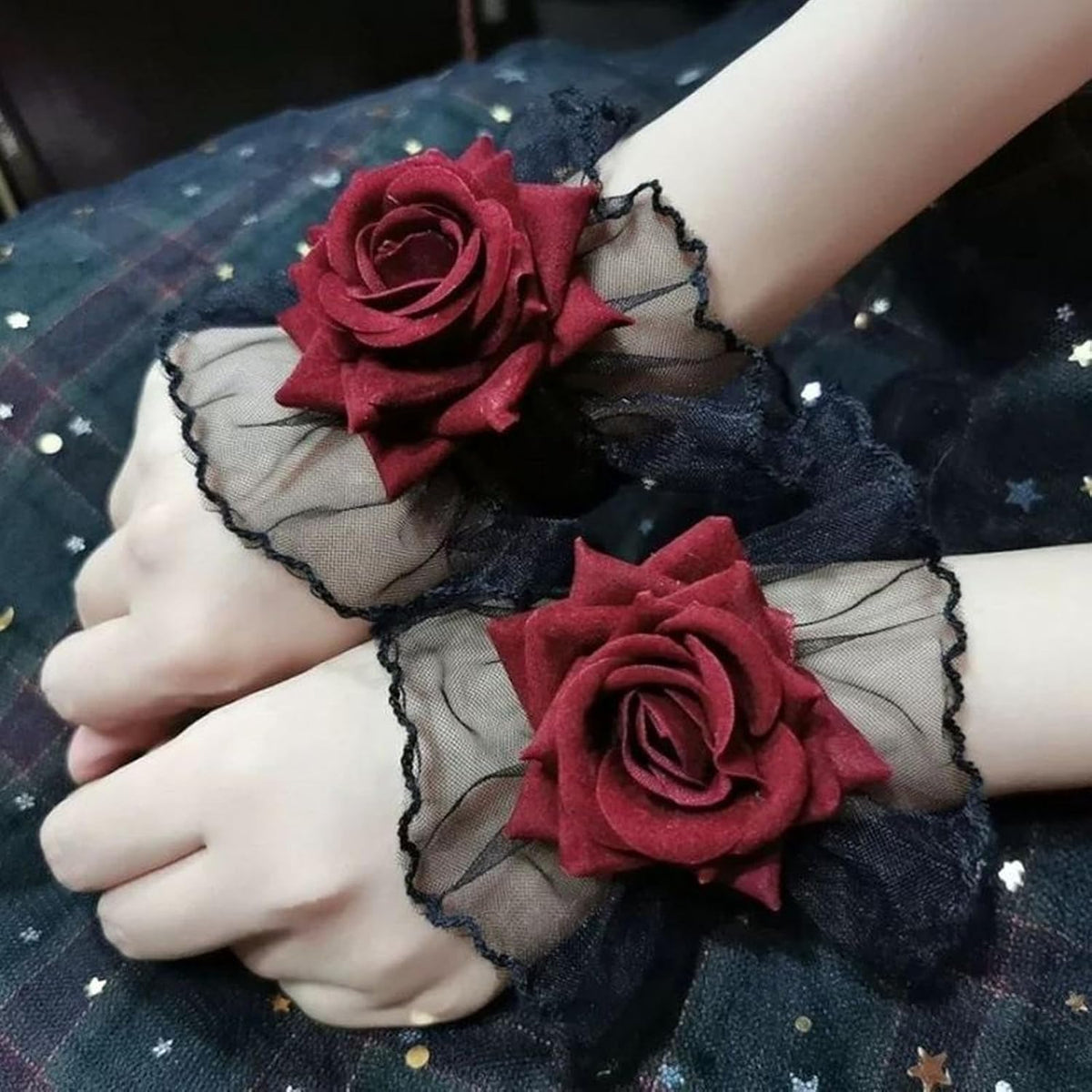 LUNROUG Gothic Rose Lace Gloves, Black with Wine Red Flower, 1 Pair