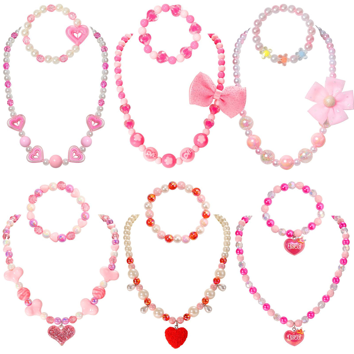 PinkSheep Kids Classic Jewelry, 6 Sets of Beaded Necklaces and Bracelets for Girls, Favors Bags for Girls Jewelry (Classic)