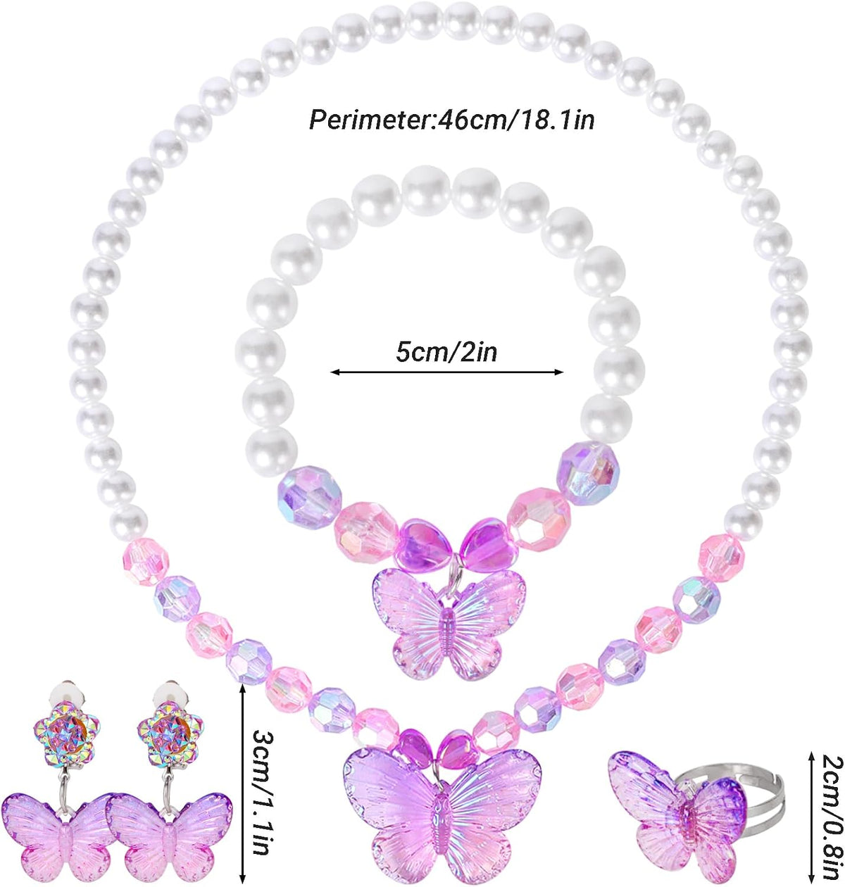 2 Sets Princess Jewelry for Little Girls, Butterfly Kids Jewelry Set, Stretch Necklace Bracelets, Rings and Clip on Earrings Perfect for Dress Up, Birthday Parties