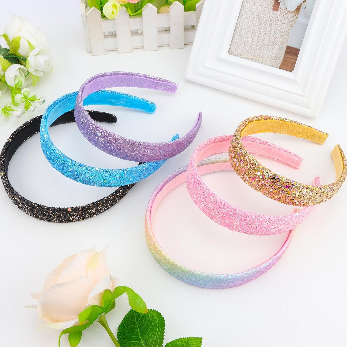 6Pcs Headbands for girls Women Glitter Rainbow Headband Women Girls Sparkly Headband Gold Pink Blue Purple Hairband for Girls Hair Accessories for Party Holiday Back to School