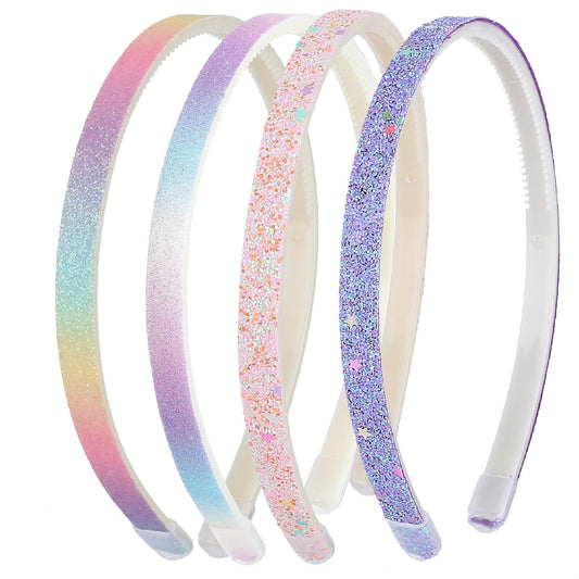 WLLHYF Glitter Headband, 4pcs Plastic Sparkly Cute Non Slip Chunky Hairbands, Thick Bling Confetti Rainbow Hair Bands with Teeth, Little Girls Colorful Hair Accessories