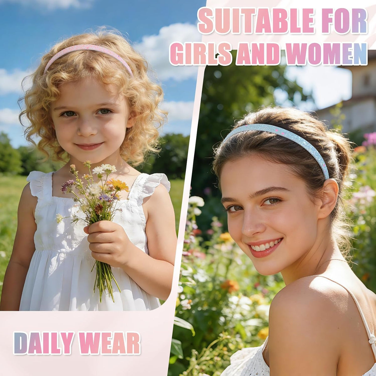 LYroo Headbands for Girls,Cute Glitter Headbands with Teeth Floral Thin Head Bands for Kids Non Slip for Little Girls Hair Accessories
