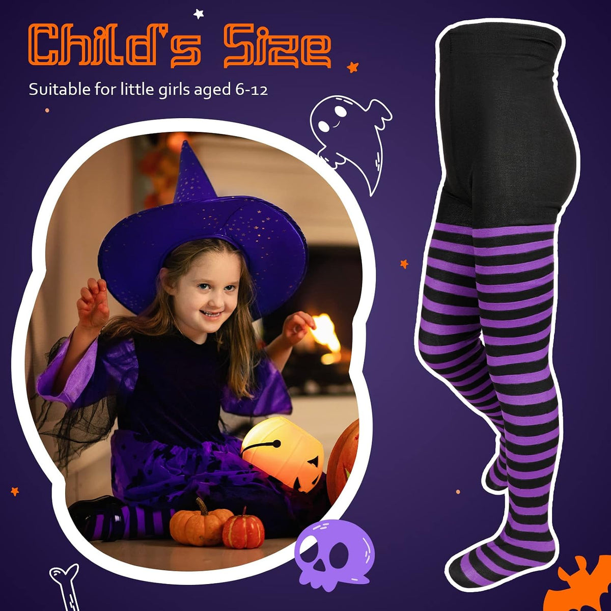 Tarpop Halloween Witch Tights Purple Black Striped for Girls Age 6-12