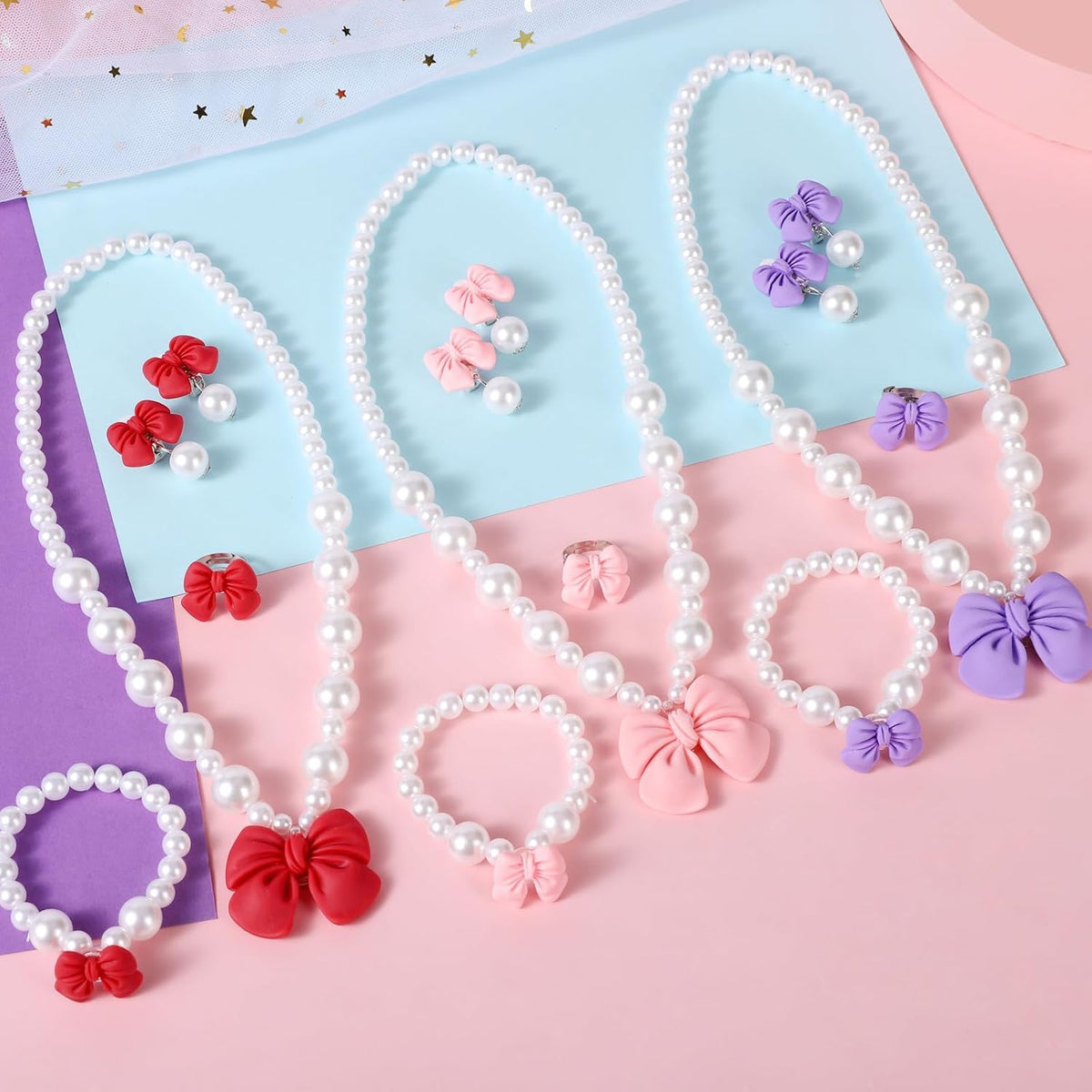 Princess Jewelry for Little Girls, Handmade Bow Pearl Kids Jewelry Set, Stretch Necklace Bracelets Rings and Clip on Earrings, Perfect for Dress Up, Birthday Parties, and Costume Play