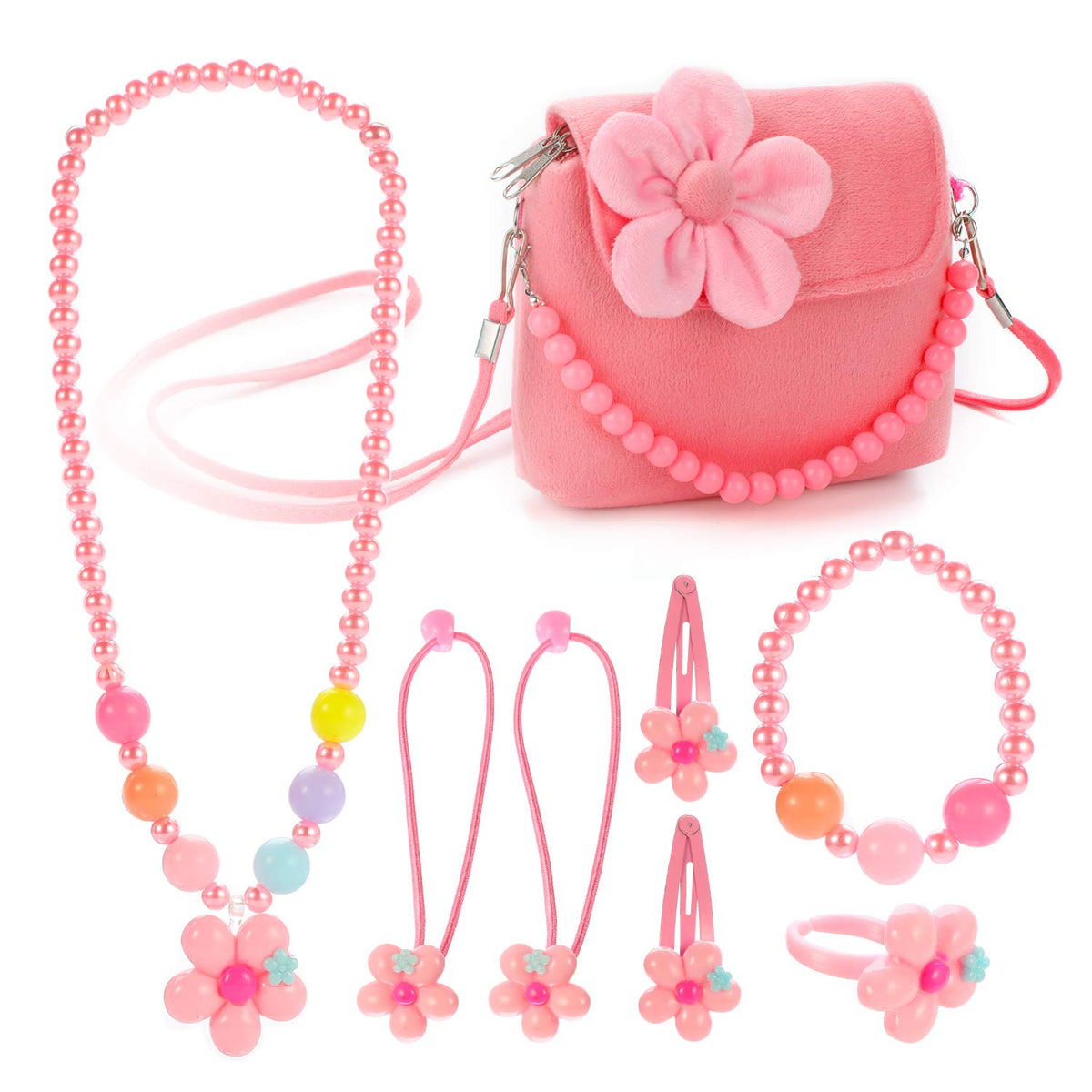 Hifot Kids Jewelry Little Girls Plush Handbag Necklace Bracelet Earrings Ring Hair Clips Set, Princess Costume Jewelry Party Favors Gift for Dress up Pretend Play (3-8 Years)