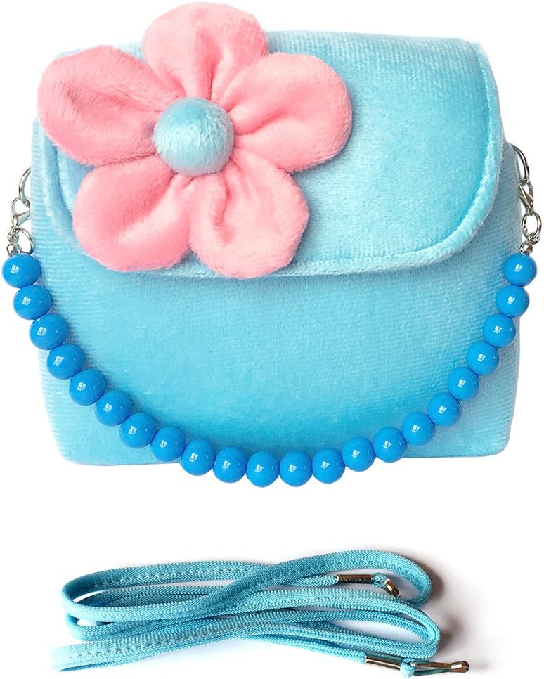 Elesa Miracle Little Girl Bag Beauty Set Plush Handbag + Flower-Shaped Clip-on Earrings + Necklace and Bracelet Set (Blue)