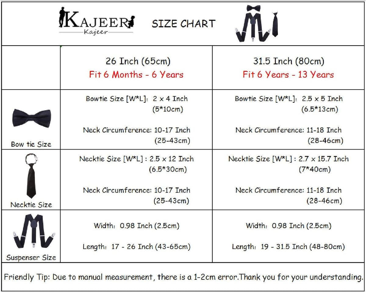 Kajeer Kids Suspender Bowtie Necktie Sets - Adjustable Elastic Classic Accessory Sets for 6 Months to 13 Year Old Boys Girls