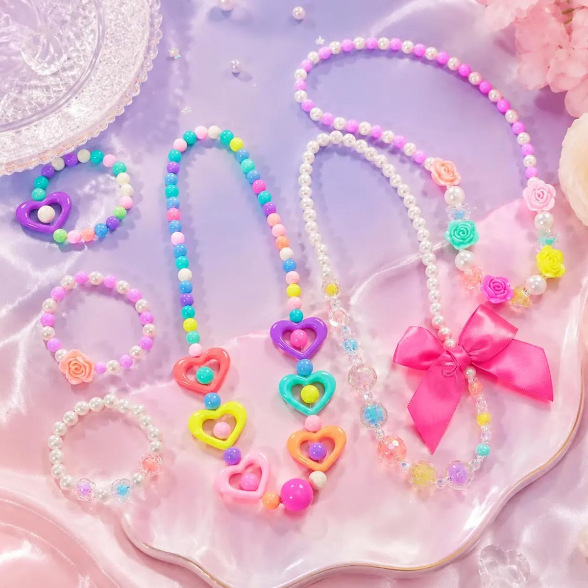 PinkSheep Kids Classic Jewelry, 6 Sets of Beaded Necklaces and Bracelets for Girls, Favors Bags for Girls Jewelry (Classic)