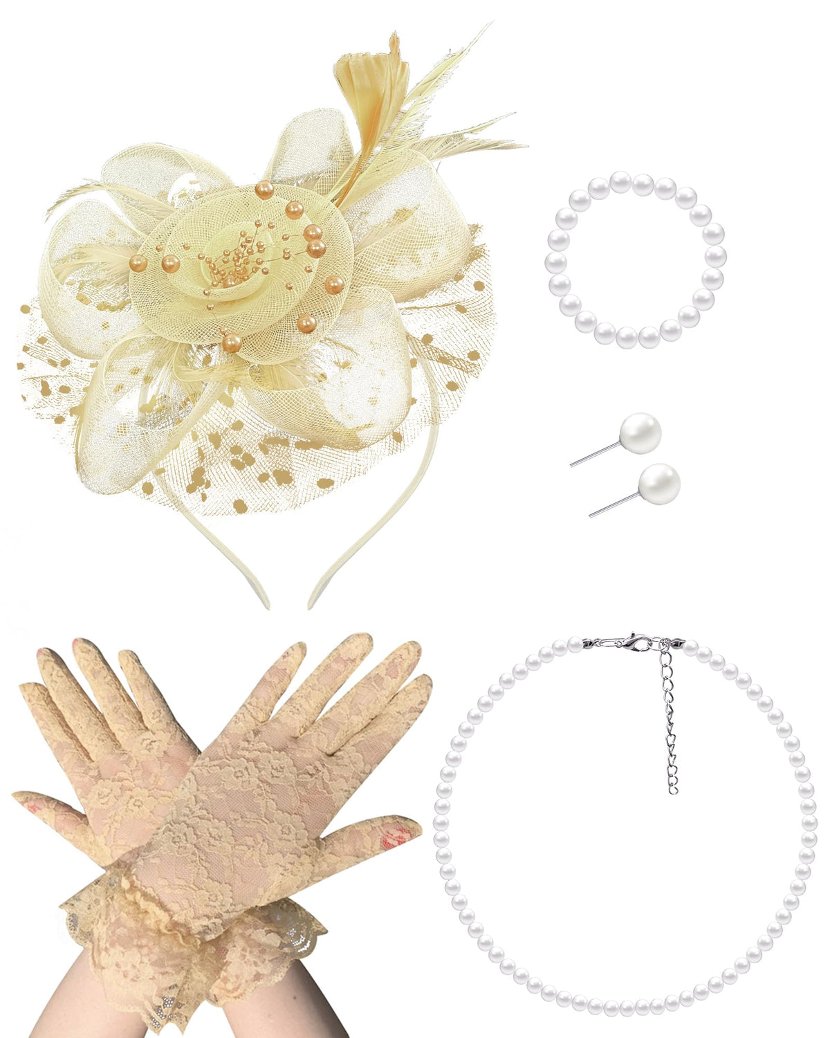 Girls Tea Party Fascinators Hats with Lace Gloves Pearl Necklace Earring Jewelry for Tea Party Wedding Accessories