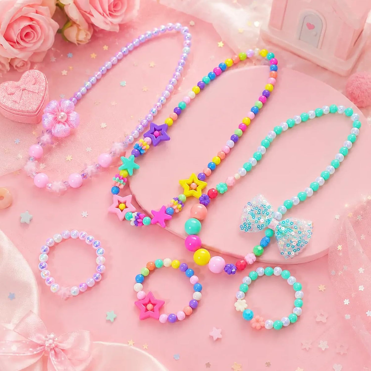 PinkSheep Kids Classic Jewelry, 6 Sets of Beaded Necklaces and Bracelets for Girls, Favors Bags for Girls Jewelry (Classic)