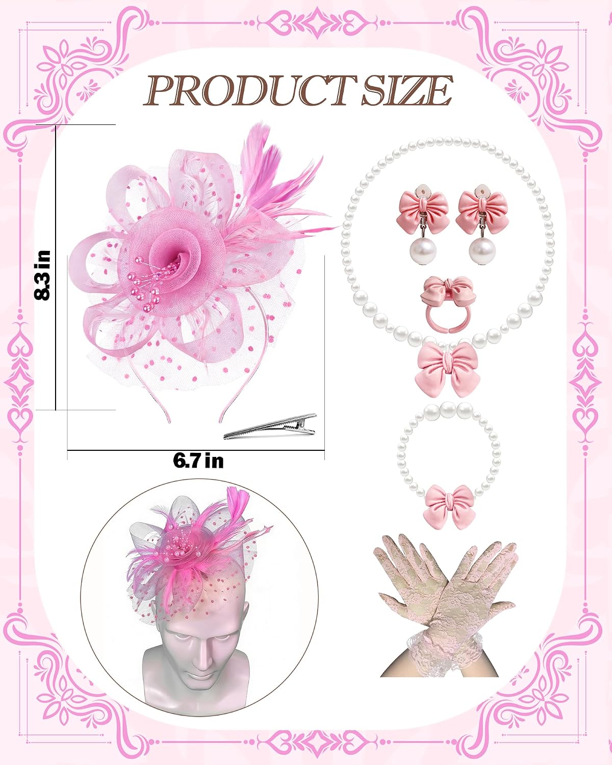 Girls Tea Party Fascinators Hats Set Tea Party Headband Lace Glove Pearl Necklace Set for Tea Party Wedding Accessories