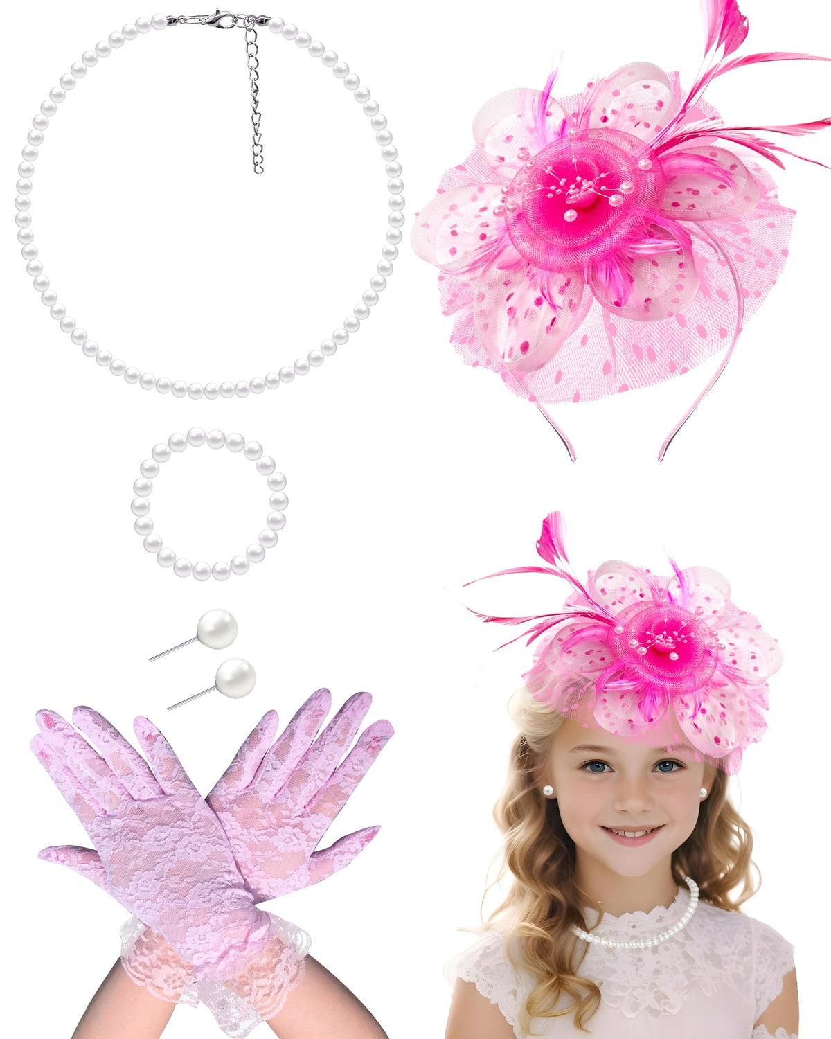 Girls Tea Party Fascinators Hats with Lace Gloves Pearl Necklace Earring Jewelry for Tea Party Wedding Accessories